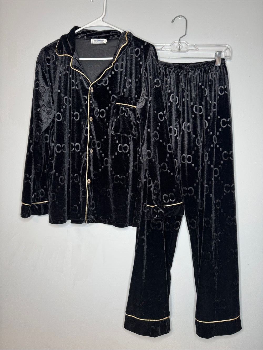 Black crushed velvet CC monogrammed pajama set